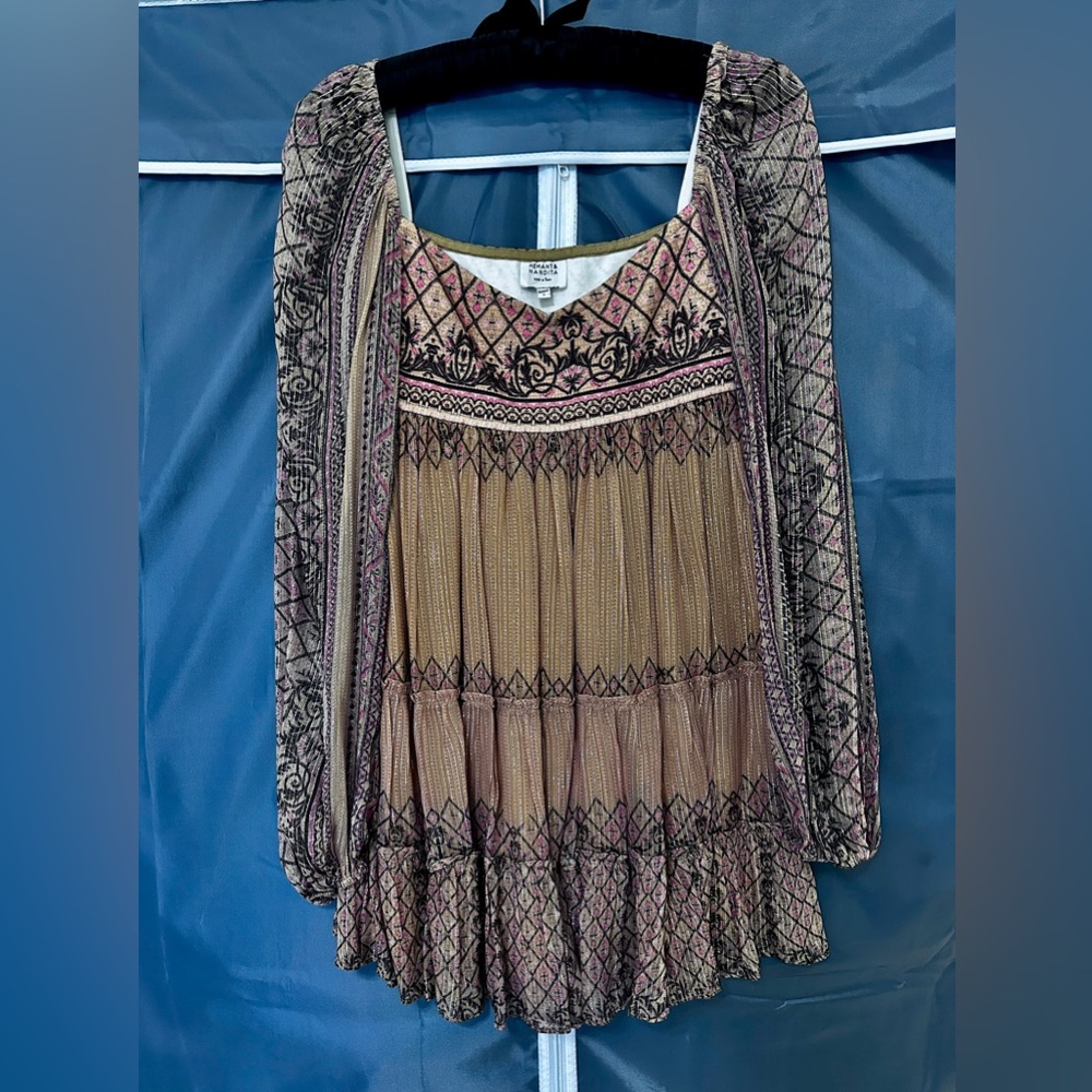 HEMANT & NANDITA Noor Tiered Mini Dress Boho Print Balloon Sleeve, Size S - Picture 8 of 11